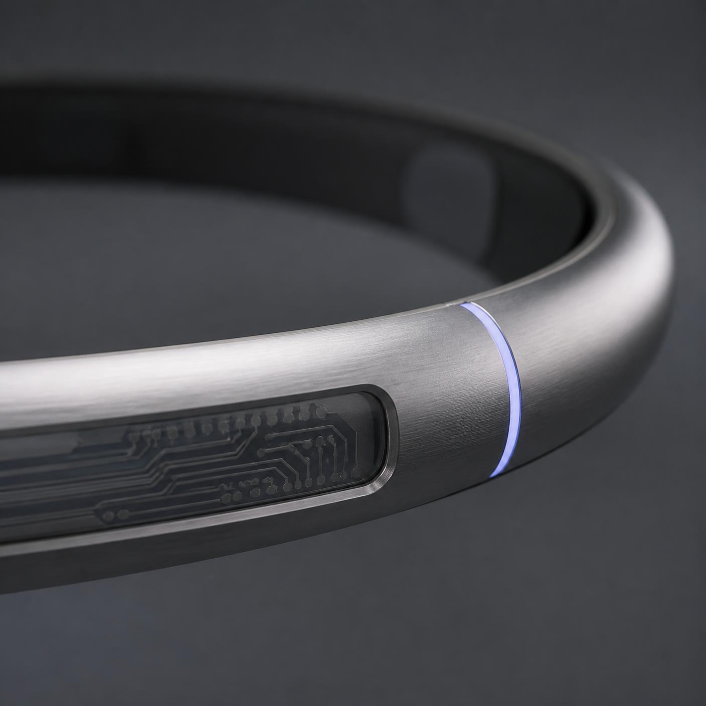 Macro detail of the flexible PCB circuitry beneath the titanium shell