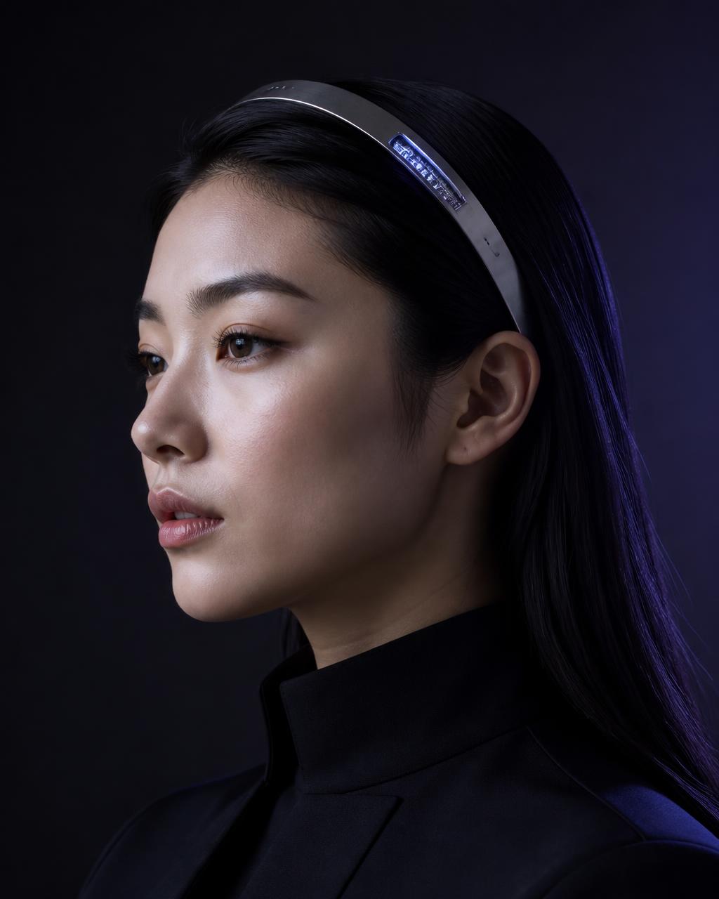 Side profile of a woman wearing the Mantis neural headband