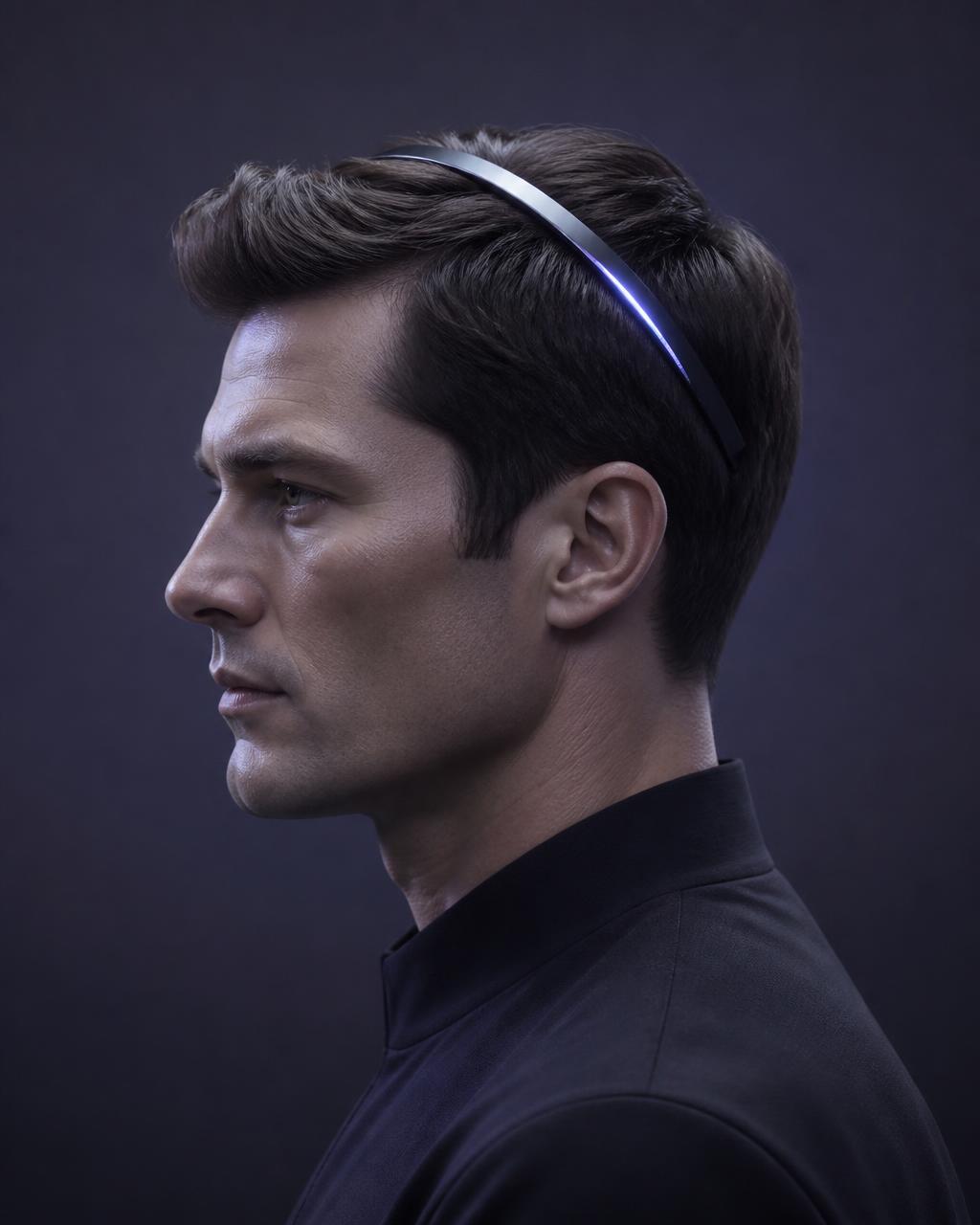 Side profile of a man wearing the Mantis neural headband resting on his hair